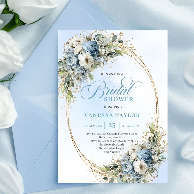 Invitation Elegant Dusty Blue Greenery Gold Bridal Shower  (Elegant Dusty Blue Greenery Gold Bridal Shower Invite)