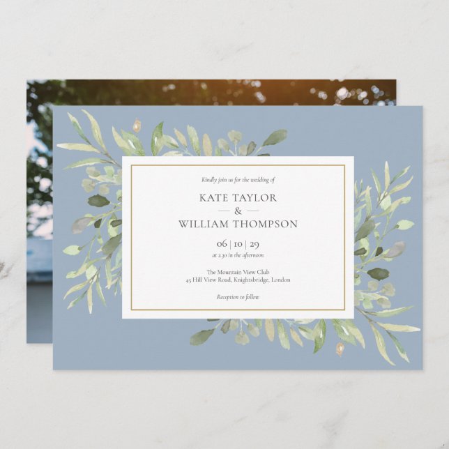 Invitation Elégant Dusty Blue Greenery Mariage photo (Devant / Derrière)