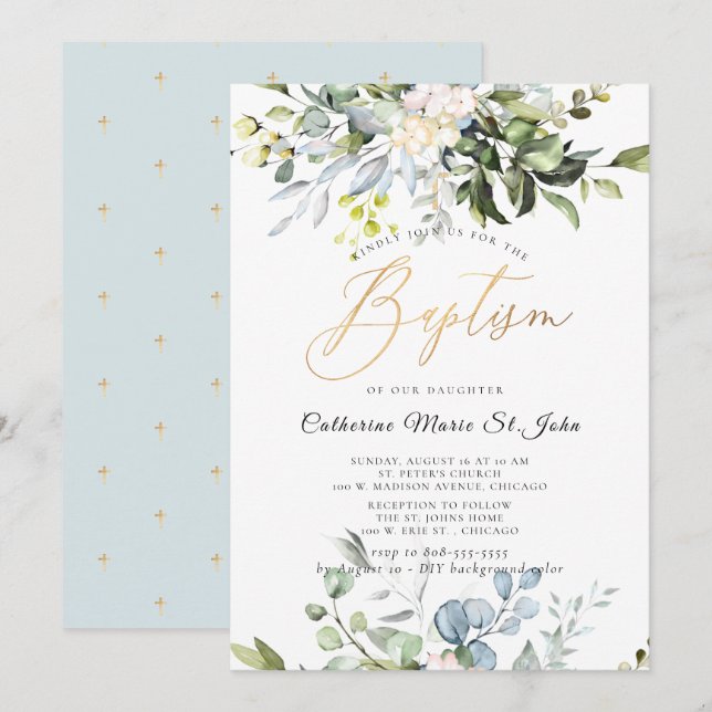 Invitation Elégant Dusty Blue Gum Eucalyptus Faux Gold (Devant / Derrière)