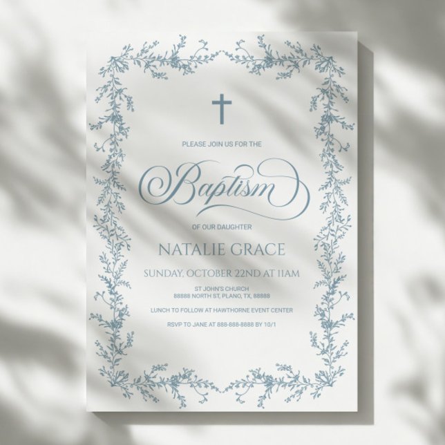 Invitation Elegant Dusty Blue Hand Drawn Floral Frame Baptism (Créateur téléchargé)