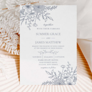 Invitation Elégant Dusty Blue Line Art Floral Mariage