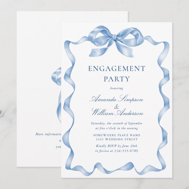 Invitation Élégant Dusty Blue Main Draw Engagement Party (Devant / Derrière)