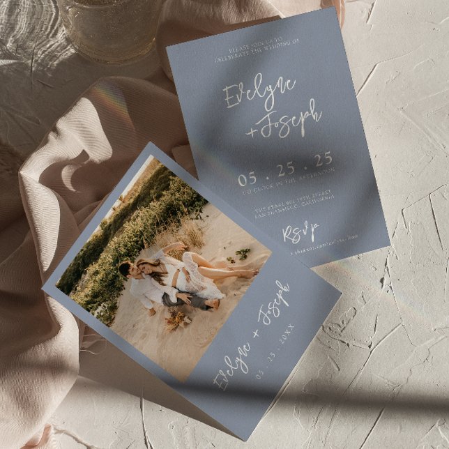 Invitation Elégant Dusty Blue Minimalist Boho Mariage photo (Créateur téléchargé)