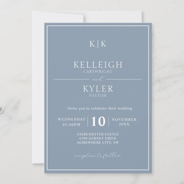 Invitation Elégant Dusty Blue Monogram Mariage photo (Devant)