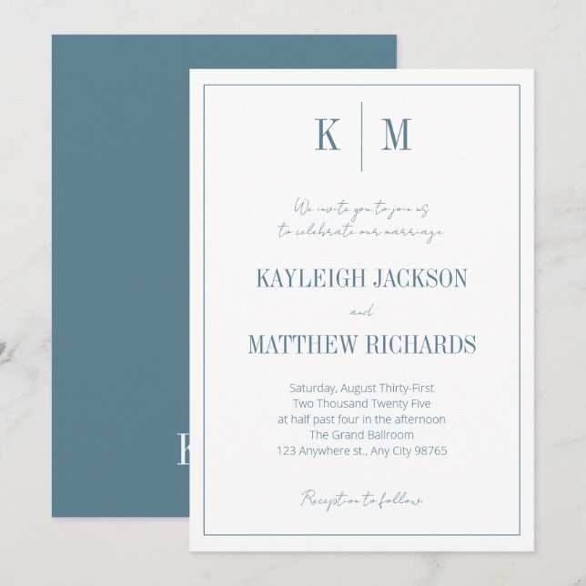 Invitation Elegant Dusty Blue Monogram Wedding  (Devant / Derrière)
