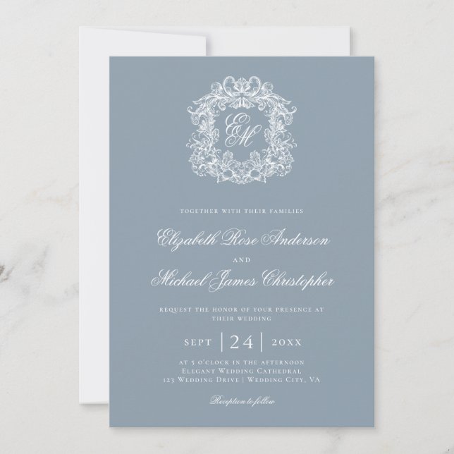Invitation Elegant Dusty Blue Monogram Wedding Crest (Devant)