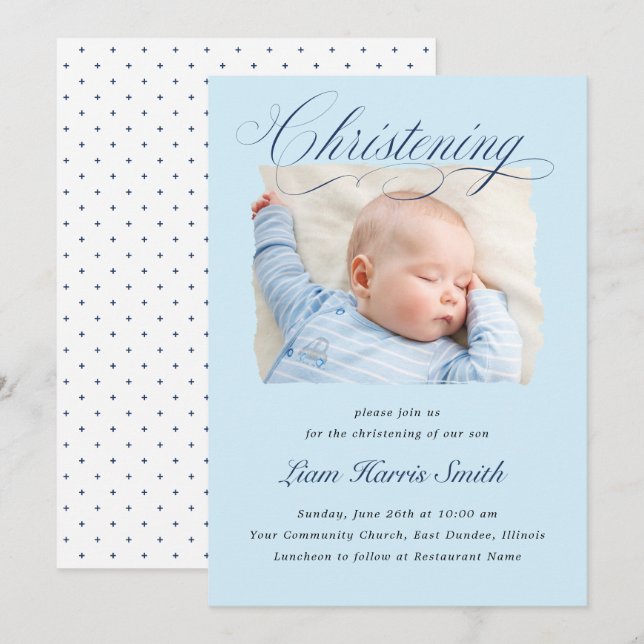 Invitation Elégant Dusty Blue Pastel Script Baptême Photo Boy (Devant / Derrière)