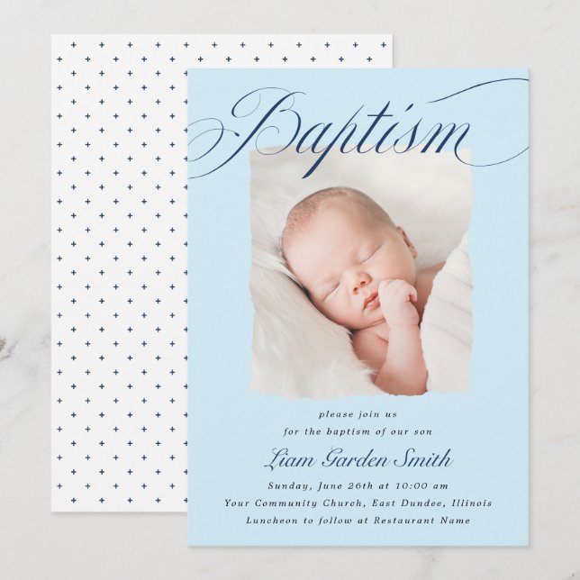 Invitation Elégant Dusty Blue Pastel Script Baptême Photo Inv (Devant / Derrière)