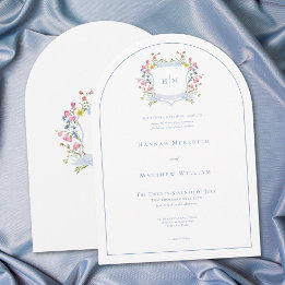 Invitation Elegant Dusty Blue Pastel Wildflower Crest Wedding