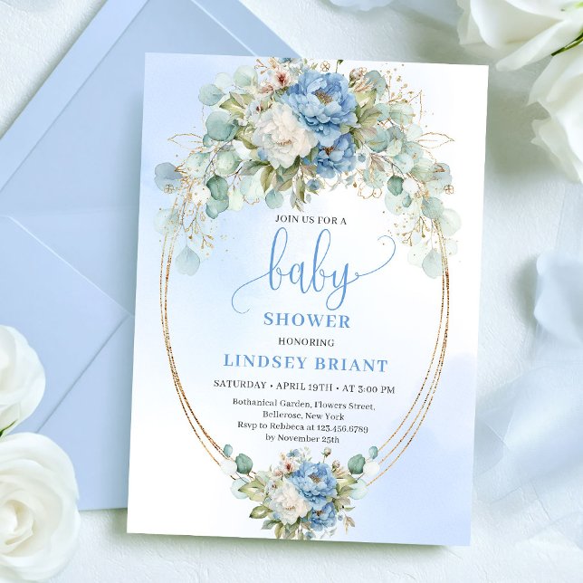 Invitation Elegant Dusty Blue Peonies Baby Shower Gold Invite (Elegant Dusty Blue Peonies Baby Shower Gold Invite)