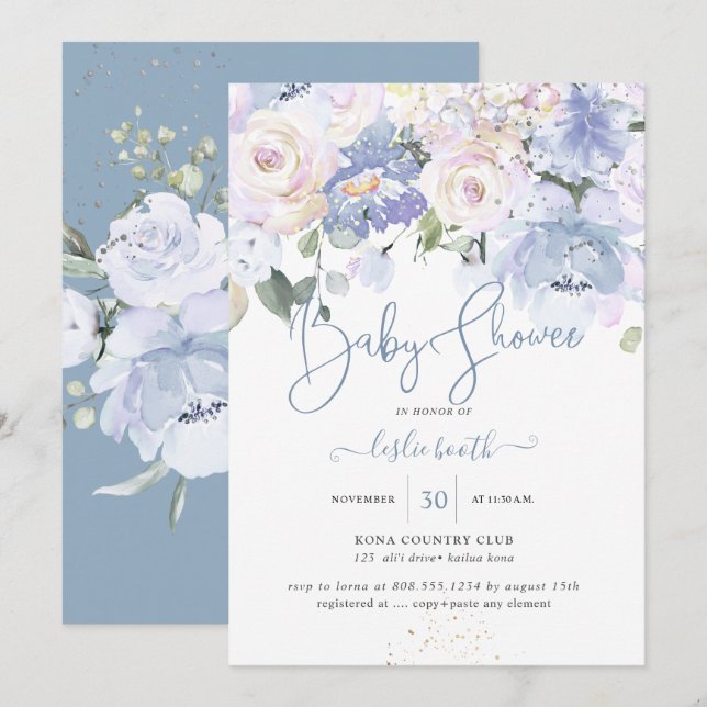 Invitation Elégant Dusty Blue Peonies crème Baby shower Rose (Devant / Derrière)