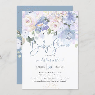 Invitation Elégant Dusty Blue Peonies crème Baby shower Rose