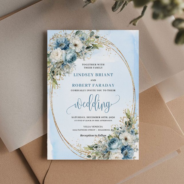 Invitation Elegant Dusty Blue Peony Floral Gold Glitter Invit (Elegant Dusty Blue Peony Floral Gold Glitter Invitation)