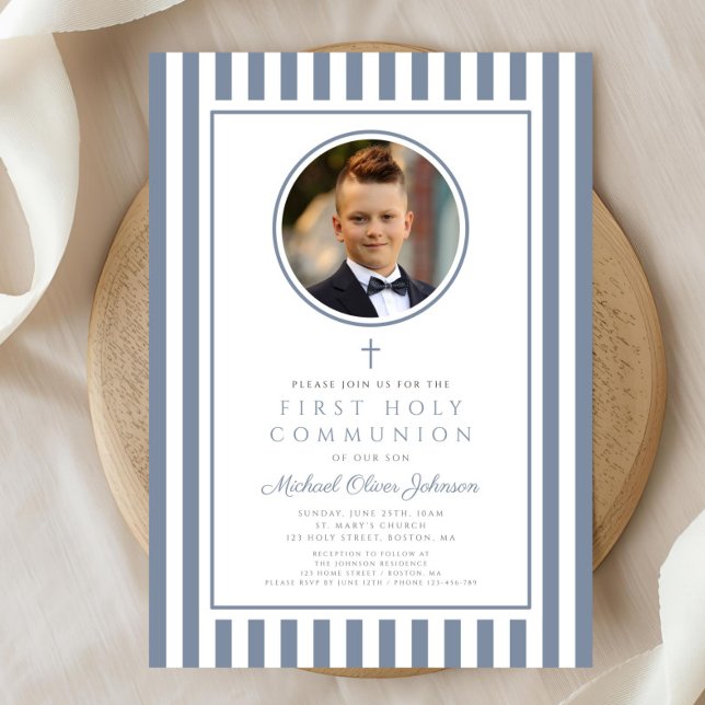 Invitation Elegant Dusty Blue Photo Boy First Communion (Elegant Dusty Blue Photo Boy First Communion Invitation)