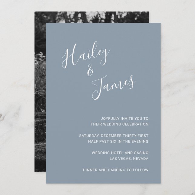 Invitation Elégant Dusty Blue Photo Mariage moderne (Devant / Derrière)