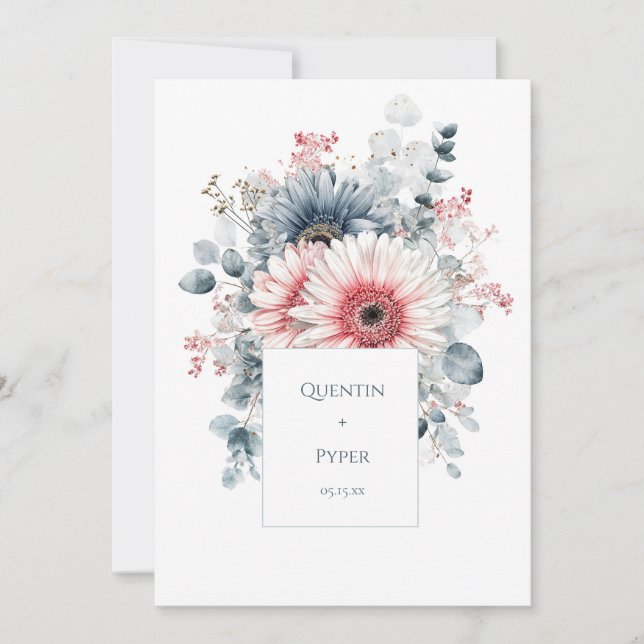 Invitation Elegant Dusty Blue Pink Gerbera Daisy Watercolor (Devant)
