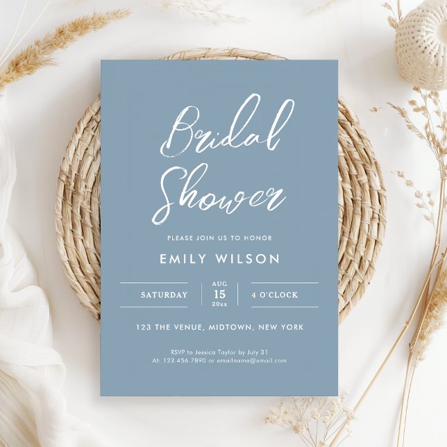 Invitation Elegant Dusty Blue Script Typography Bridal Shower (Elegant white calligraphy on a dusty blue background for a simple, minimal style)
