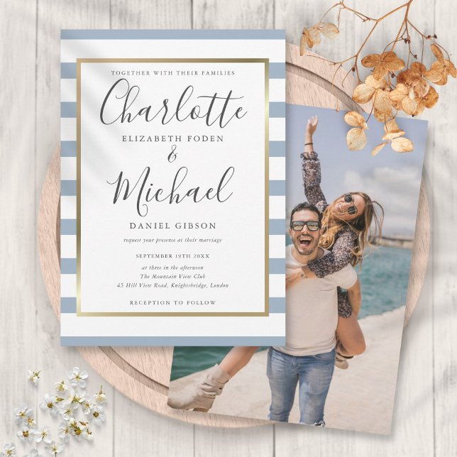 Invitation Élégant Dusty Blue Stripe Script Mariage photo (Elegant Dusty Blue Stripe Script Photo Wedding Invitation)