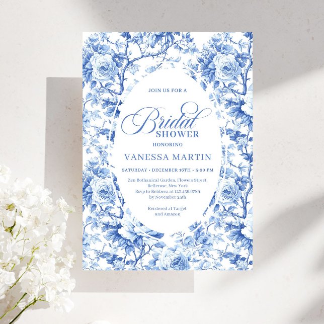 Invitation Elegant Dusty Blue Toile de Jouy Bridal Shower  (Elegant Dusty Blue Toile de Jouy Bridal Shower Invite)