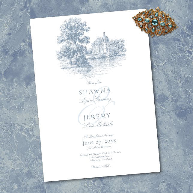 Invitation Elegant Dusty Blue Toile French Manor Wedding (Elegant Dusty Blue Toile French Manor Wedding Invitation)