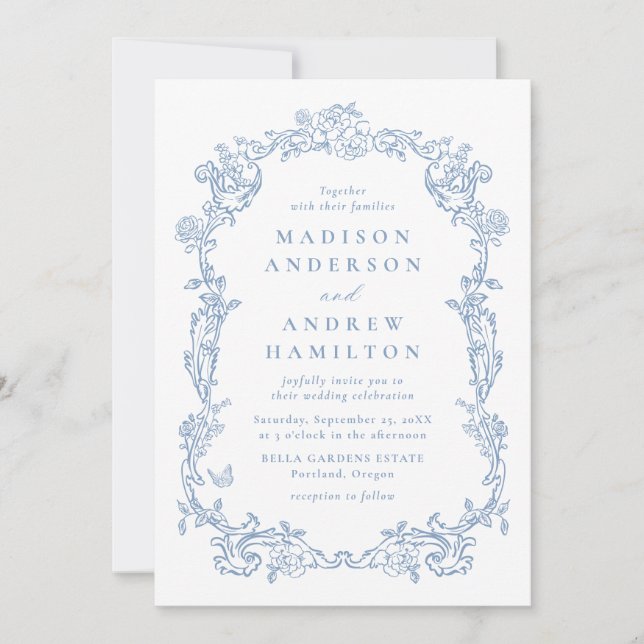 Invitation Elegant Dusty Blue Victorian Floral Frame Wedding (Devant)