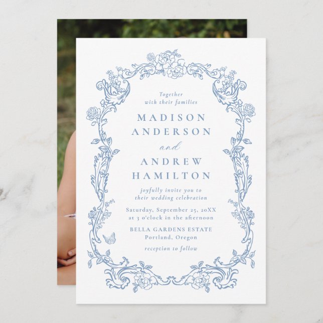 Invitation Elegant Dusty Blue Victorian Floral Photo Wedding (Devant / Derrière)