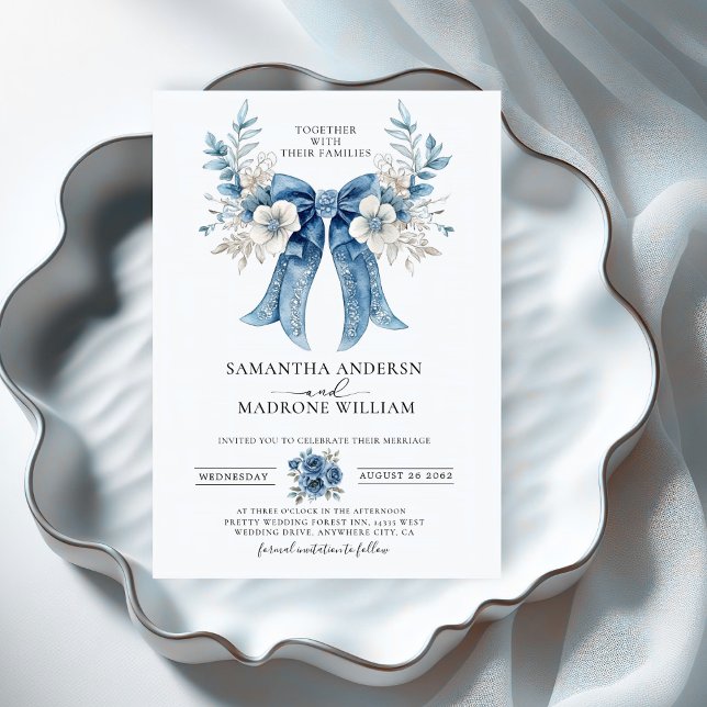 Invitation Elegant Dusty Blue White Rose Floral Bow Wedding (Créateur téléchargé)