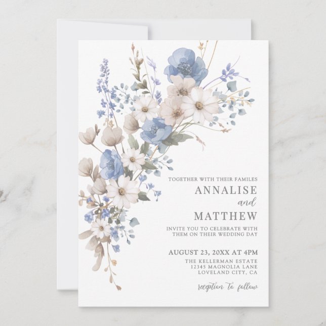 Invitation Elegant Dusty Blue Wildflower Floral Wedding (Devant)