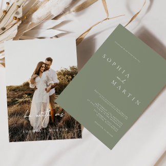 Invitation Élégant Dusty Green Script Photo Mariage classique