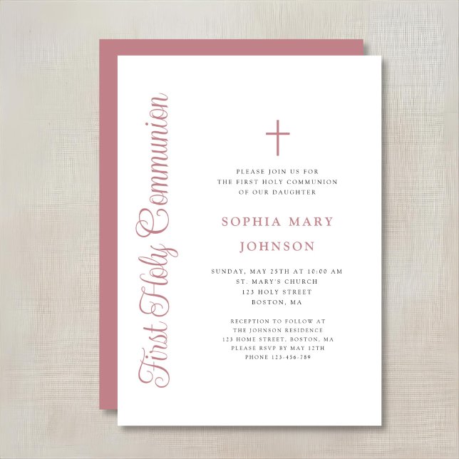 Invitation Elegant Dusty Pink Script Girl First Communion (Créateur téléchargé)