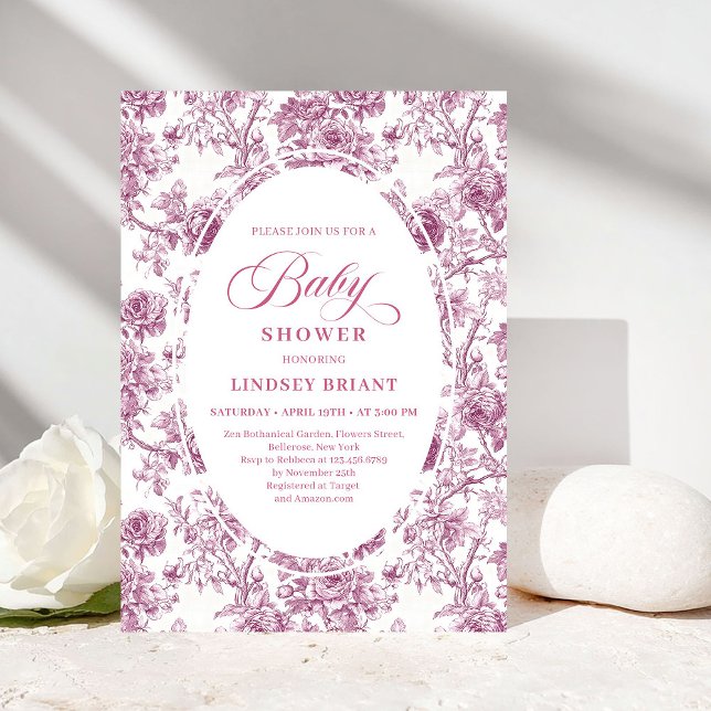 Invitation Elegant Dusty Pink Toile Roses Baby Shower Invitе (Elegant Dusty Pink Toile Roses Baby Shower Invitation)