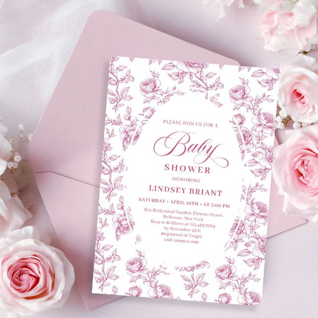 Invitation Elegant Dusty Pink Toile Roses Baby Shower Invite (pink French toile de jouy,
Luxurious blush roses baby shower,
dusty pink flowers botanical garden,
R)