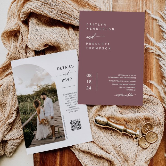 Invitation Élégant Dusty Purple Arch Photo QR Code Mariage Da (Créateur téléchargé)