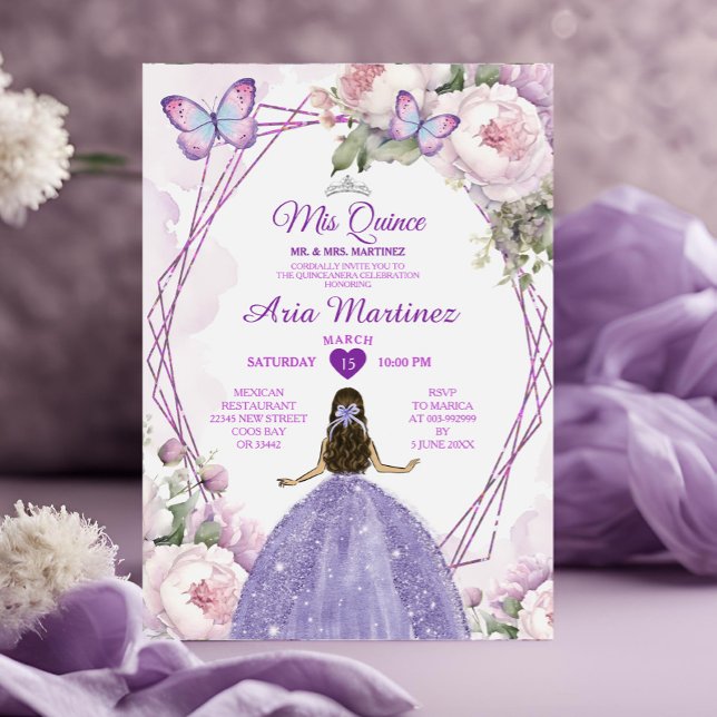Invitation Elégant Dusty Purple Princess Butterfly Mis Quince (Créateur téléchargé)
