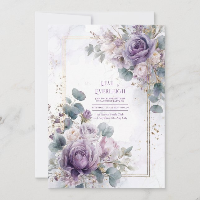 Invitation Elegant Dusty Purple Rose Eucalyptus Gold Marble (Devant)