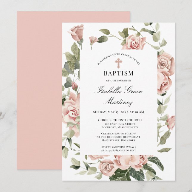 Invitation Élégant Dusty Rose Floral Cross Baptism (Devant / Derrière)