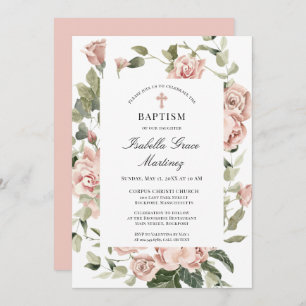 Invitation Élégant Dusty Rose Floral Cross Baptism