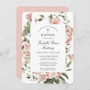 Invitation Élégant Dusty Rose Floral Cross Baptism