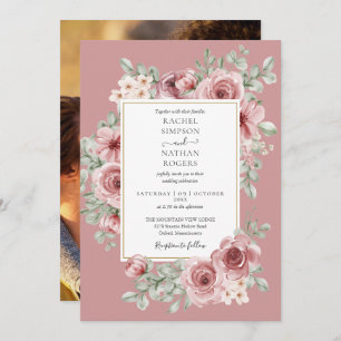 Invitation Elégant Dusty Rose Floral Gold Mariage Photo