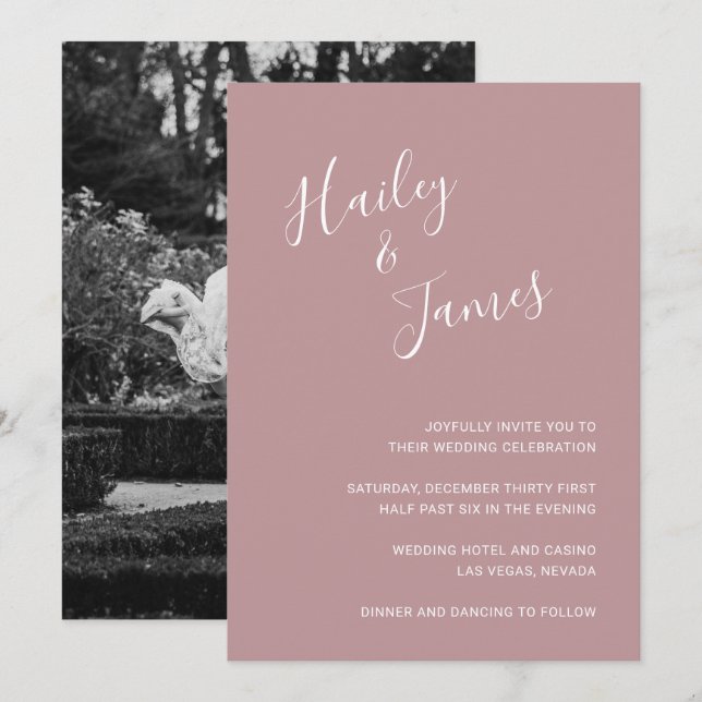 Invitation Elégant Dusty Rose Photo Mariage moderne (Devant / Derrière)
