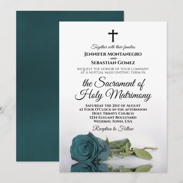 Invitation Elégant Dusty Rose Turquoise moderne Mariage catho (Devant / Derrière)