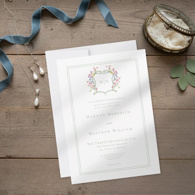 Invitation Elegant Dusty Sage Pastel Wildflower Crest Wedding (Créateur téléchargé)