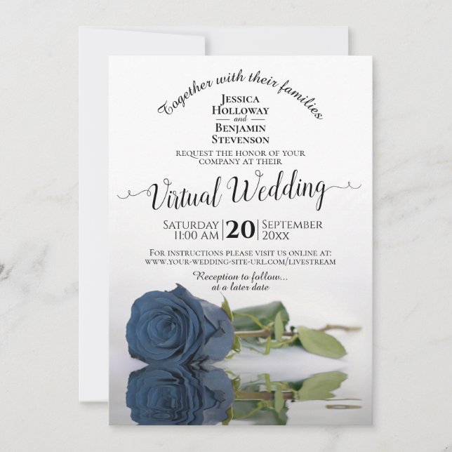 Invitation Elégant Dusty Steel Blue Rose Mariage virtuel (Devant)