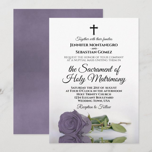 Invitation Élégant Dusty violet Rose moderne catholique Maria (Devant / Derrière)