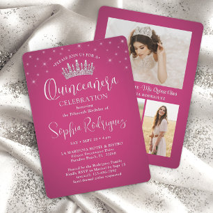 Invitation Élégant Éclairage Quinceañera 3 Photo Fuschia rose