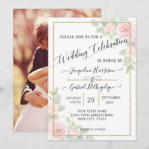 Invitation Élégant écriture aquarelle rose doré floral mariag