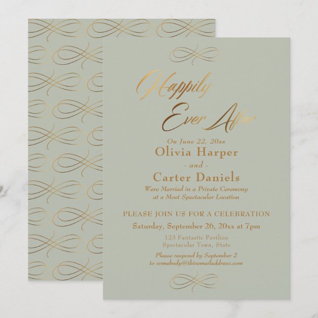 Invitation Élégant écriture dorée Heureux pour toujours, Vert (Devant / Derrière)