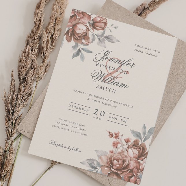 Invitation Élégant écriture mariage Rose Gold Floral rustique (Elegant Script Wedding Rose Gold Rustic Floral Invitation)