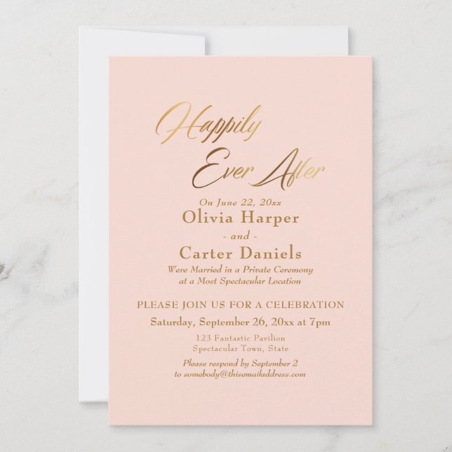 Invitation Élégant Écriture Or Happily Ever After Rose Pâle B (Devant)