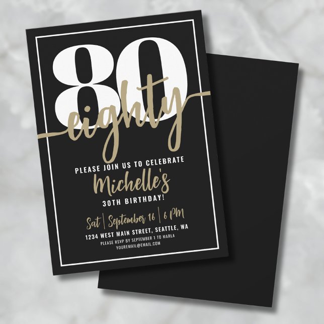 Invitation Elegant Eighty Fête d'anniversaire 80ème anniversa (Black Gold 80th Birthday Party Invitation)